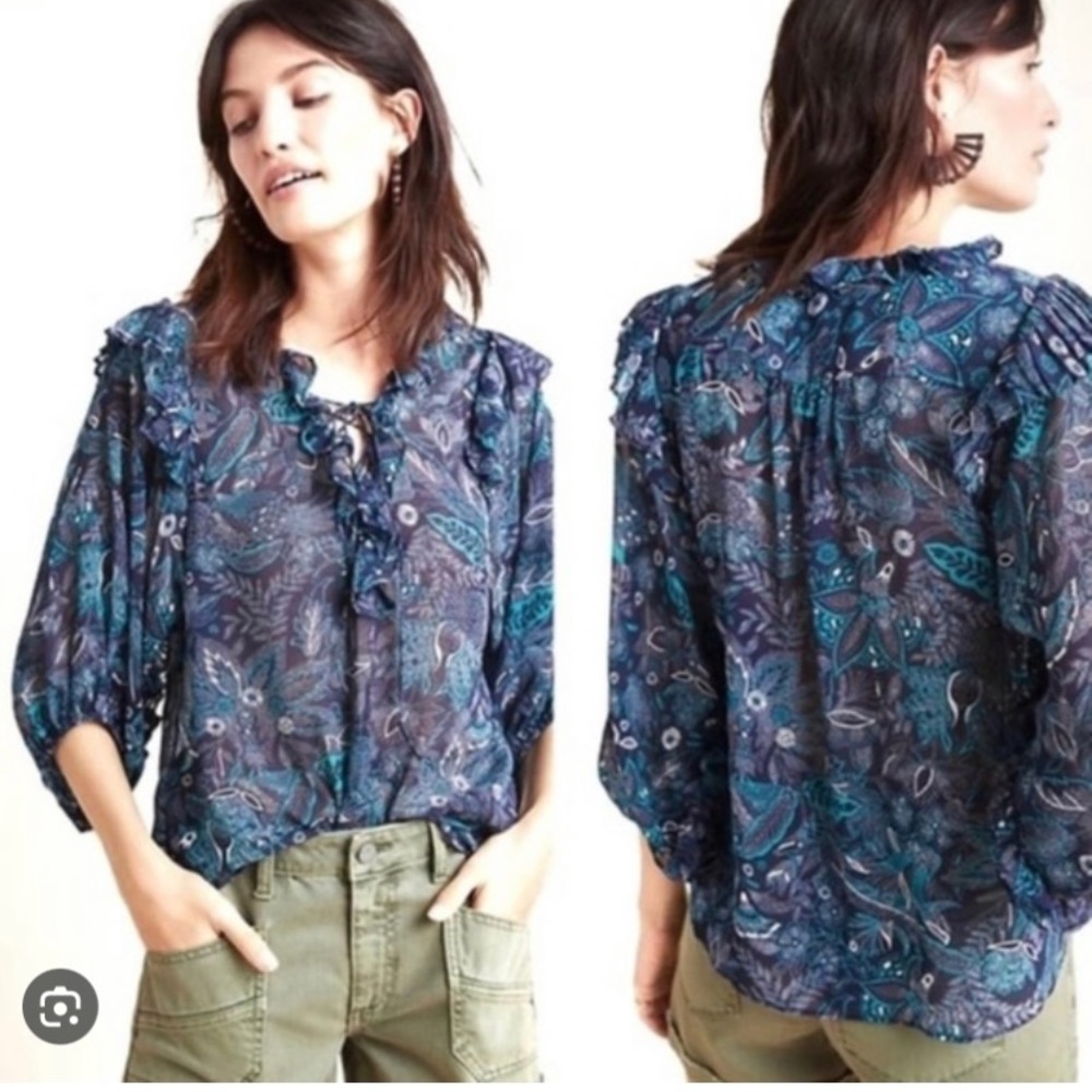 By Anthropologie Haida Blue Floral Sheer Blouse